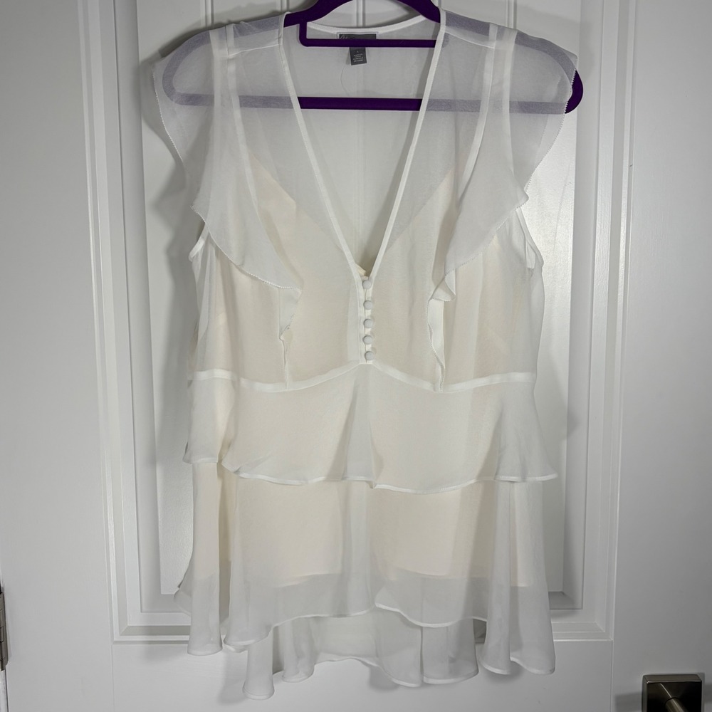 Chelsea28 Womens White Tiered Ruffle Sleeveless Blouse Sheer V-Neck Top Large